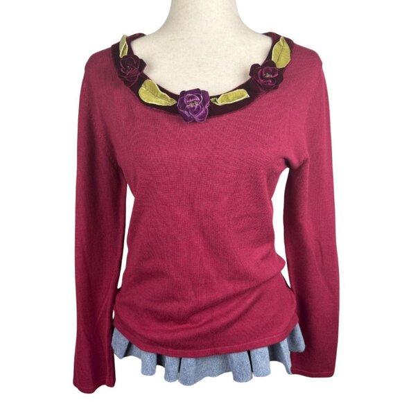 Bonnie and Bill by Holly Red Velvet Floral Trim Sweater Women’s Size Small - Picture 1 of 5